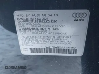 2010 Audi Q5 Premium with VIN WA1CKAFP6AA101860, listed as a IAAI auction lot 41270082 with 283,741 mi miles. Bid and sale history available at carsss.com. Image 9.