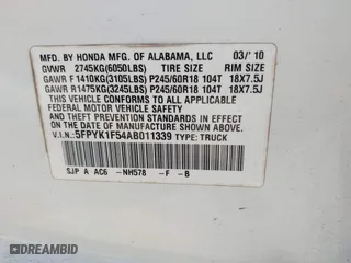 2010 Honda Ridgeline RTL with VIN 5FPYK1F54AB011339, listed as a IAAI auction lot 41983918 with 201,124 mi miles. Bid and sale history available at carsss.com. Image 9.