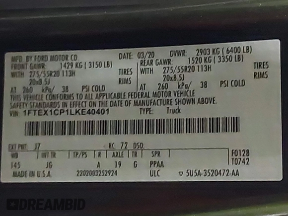 2020 Ford F-150 XL with VIN 1FTEX1CP1LKE40401, listed as a IAAI auction lot 41306900 with 26,087 mi miles and . Bid and sale history available at DreamBid. Image 9.