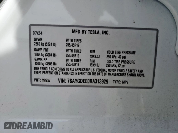 2024 Tesla Model Y Long Range z VIN 7SAYGDEE0RA313929, wystawiony jako Copart lot #59548725 z przebiegiem Nie podano mil oraz Szkoda całkowita • Salvage title. Historia ofert i sprzedaży dostępna na DreamBid. Obrazek 12.