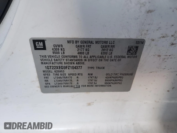 2015 GMC Sierra 2500HD with VIN 1GT22XEG9FZ104377, listed as a Copart auction lot 89287055 with Not provided miles and Salvage title. Bid and sale history available at DreamBid. Image 12.