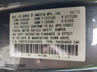 2012 Honda Accord LX Premium z VIN 1HGCP2F42CA104505, wystawiony jako IAAI lot #42520563 z przebiegiem 281 476 mil mil oraz . Historia ofert i sprzedaży dostępna na DreamBid. Obrazek 9.