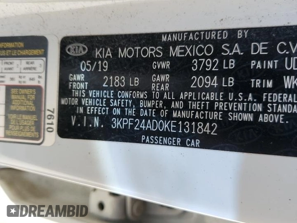 2019 Kia Forte LXS with VIN 3KPF24AD0KE131842, listed as a Copart auction lot 45657615 with 80,939 mi miles and Salvage Title. Bid and sale history available at carsss.com. Image 12.