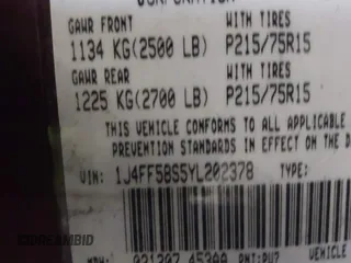 2000 Jeep Cherokee Classic with VIN 1J4FF58S5YL202378, listed as a IAAI auction lot 40864657 with Not provided miles and . Bid and sale history available at DreamBid. Image 9.