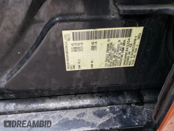 2013 Nissan Maxima SV with VIN 1N4AA5AP4DC843204, listed as a Copart auction lot 58319645 with 99,508 mi miles and Salvage title. Bid and sale history available at DreamBid. Image 12.