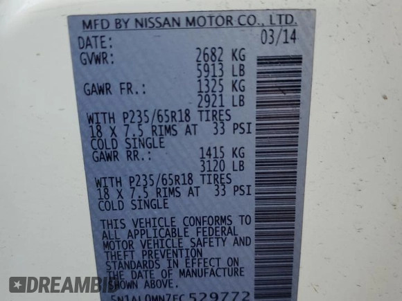 2014 Infiniti QX60 with VIN 5N1AL0MN7EC529772, listed as a Copart auction lot 85780664 with 138,426 mi miles and Salvage Title. Bid and sale history available at carsss.com. Image 15.