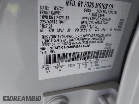 2023 Ford Mustang Mach-E Select with VIN 3FMTK1RM8PMA41028, listed as a IAAI auction lot 42564264 with 34,373 mi miles and . Bid and sale history available at DreamBid. Image 9.