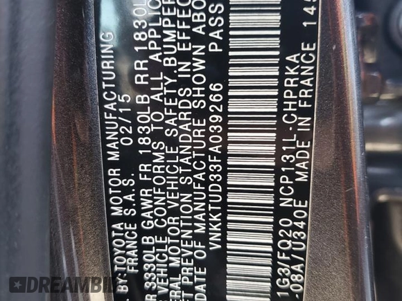 2015 Toyota Yaris L with VIN VNKKTUD33FA039266, listed as a Copart auction lot 47267365 with 76,918 mi miles and Non Repairable. Bid and sale history available at DreamBid. Image 12.