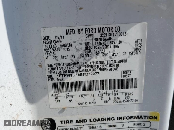 2011 Ford F-150 XL with VIN 1FTFW1CF6BFB72077, listed as a Copart auction lot 55447265 with 322,095 mi miles and Clean Title. Bid and sale history available at carsss.com. Image 12.