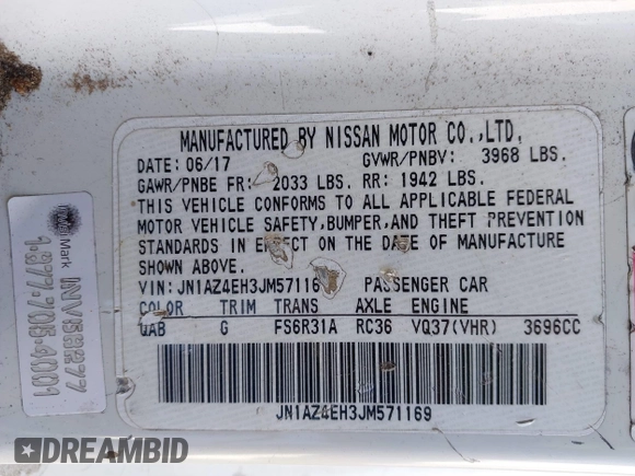 2018 Nissan 370Z Sport with VIN JN1AZ4EH3JM571169, listed as a IAAI auction lot 41859730 with 85,428 mi miles and . Bid and sale history available at DreamBid. Image 9.