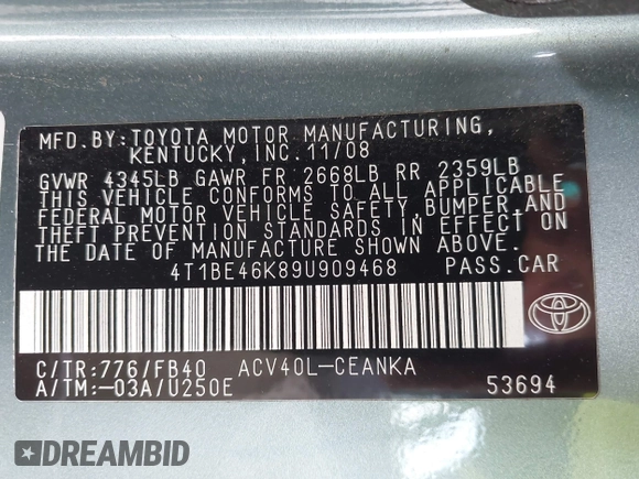 2009 Toyota Camry with VIN 4T1BE46K89U909468, listed as a IAAI auction lot 42159504 with 156,457 mi miles. Bid and sale history available at carsss.com. Image 9.