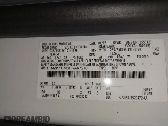 2017 Ford Transit Passenger XL z VIN 1FMZK1CM8HKA67270, wystawiony jako IAAI lot #42074459 z przebiegiem 50 461 mil mil oraz . Historia ofert i sprzedaży dostępna na DreamBid. Obrazek 9.
