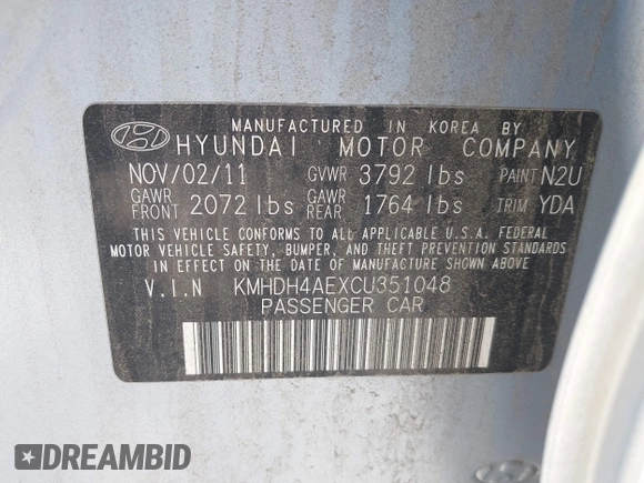 2012 Hyundai Elantra Limited with VIN KMHDH4AEXCU351048, listed as a IAAI auction lot 42618873 with 215,748 mi miles and . Bid and sale history available at DreamBid. Image 9.