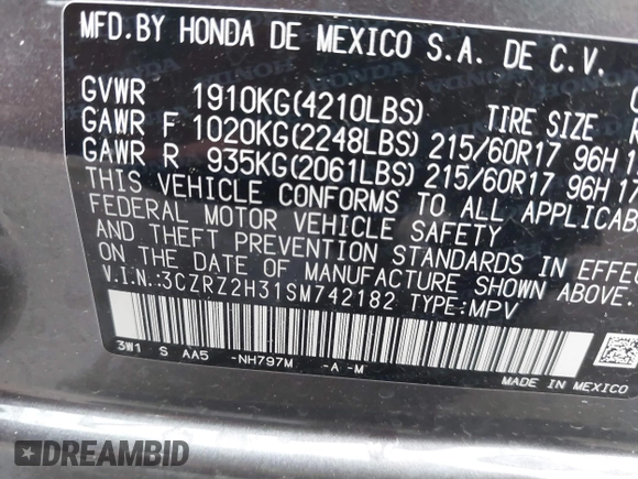 2025 Honda HR-V LX with VIN 3CZRZ2H31SM742182, listed as a IAAI auction lot 42153191 with 3,506 mi miles and . Bid and sale history available at DreamBid. Image 9.