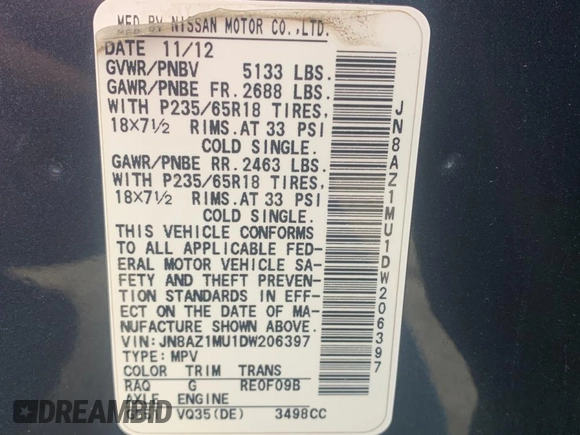 2013 Nissan Murano S with VIN JN8AZ1MU1DW206397, listed as a Copart auction lot 87551185 with 182,215 mi miles and Salvage Title. Bid and sale history available at carsss.com. Image 10.