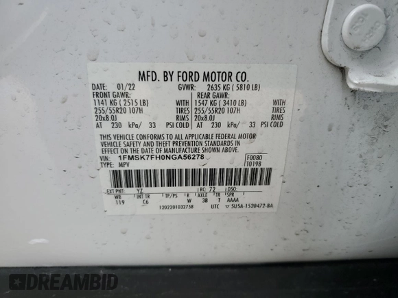 2022 Ford Explorer Limited with VIN 1FMSK7FH0NGA56278, listed as a Copart auction lot 47130335 with 64,514 mi miles and Salvage Title. Bid and sale history available at carsss.com. Image 14.