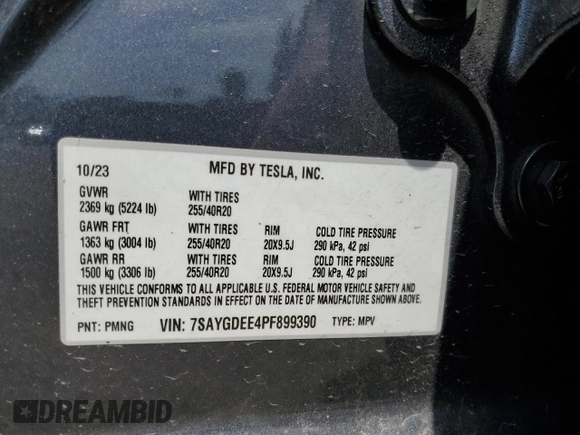 2023 Tesla Model Y Long Range with VIN 7SAYGDEE4PF899390, listed as a Copart auction lot 54361685 with Not Provided miles and Clean Title. Bid and sale history available at DreamBid. Image 13.