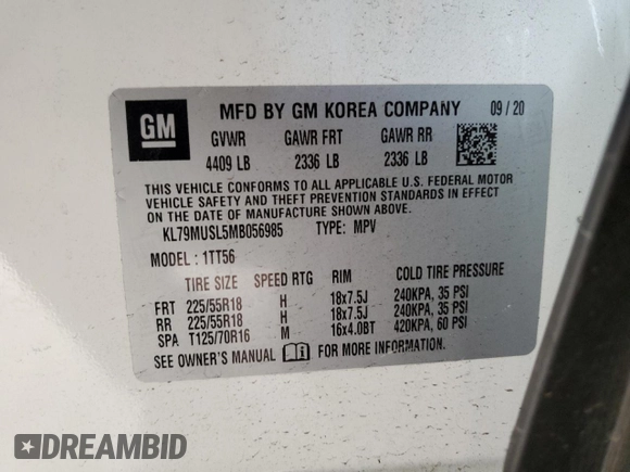 2021 Chevrolet TrailBlazer RS with VIN KL79MUSL5MB056985, listed as a Copart auction lot 46900434 with 46,937 mi miles and . Bid and sale history available at DreamBid. Image 15.