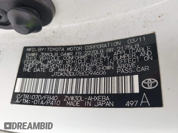 2011 Toyota Prius I with VIN JTDKN3DU7B0294606, listed as a IAAI auction lot 41900779 with 253,749 mi miles and . Bid and sale history available at DreamBid. Image 9.