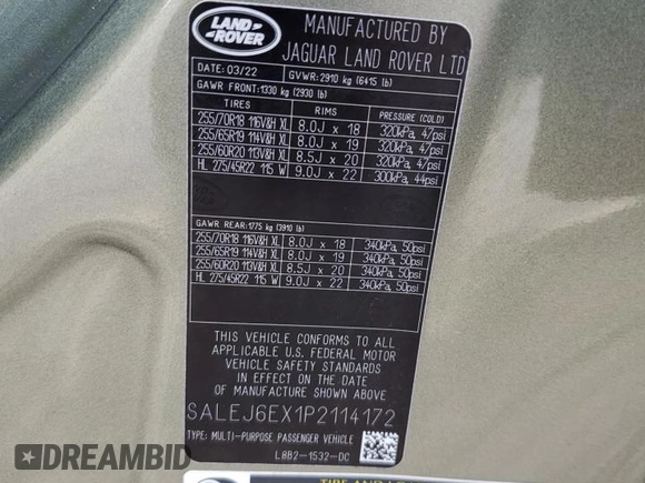 2023 Land Rover Defender S with VIN SALEJ6EX1P2114172, listed as a Copart auction lot 78673644 with Not provided miles and Clean title. Bid and sale history available at DreamBid. Image 13.