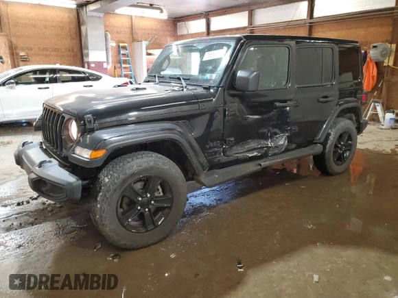 2021 Jeep Wrangler Unlimited Sahara High Altitude with VIN 1C4HJXEG4MW844446, listed as a Copart auction lot 76680594 with 27,124 mi miles and Salvage title. Bid and sale history available at DreamBid. Image 1.