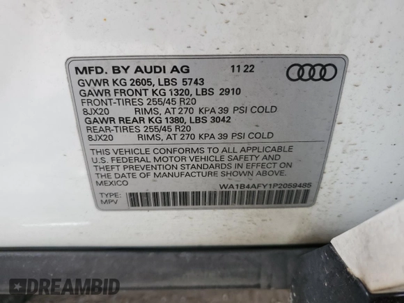 2023 Audi SQ5 Premium Plus with VIN WA1B4AFY1P2059485, listed as a Copart auction lot 53466224 with 16,465 mi miles and Salvage Title. Bid and sale history available at DreamBid. Image 13.