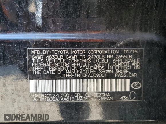 2015 Lexus GS 350 with VIN JTHBE1BL0FA009001, listed as a Copart auction lot 77624574 with 110,969 mi miles and Salvage Title. Bid and sale history available at DreamBid. Image 12.