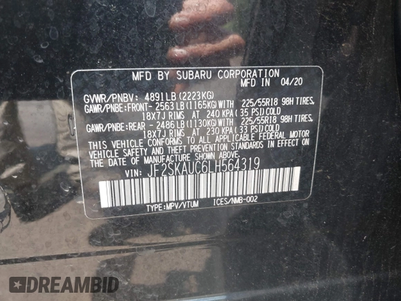 2020 Subaru Forester Limited with VIN JF2SKAUC6LH564319, listed as a IAAI auction lot 42301777 with 91,372 mi miles and . Bid and sale history available at DreamBid. Image 9.