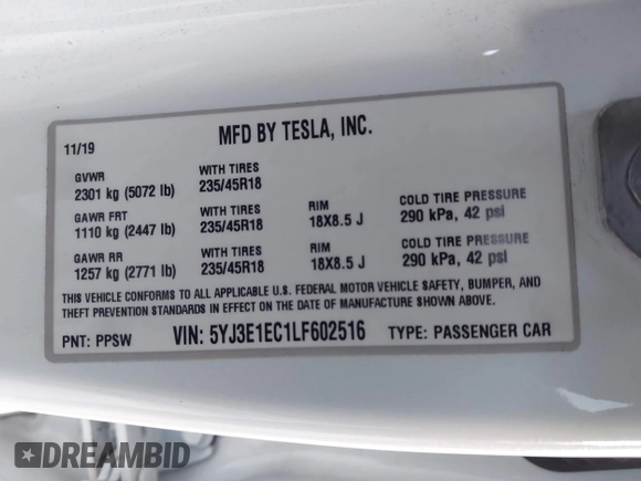 2020 Tesla Model 3 Performance with VIN 5YJ3E1EC1LF602516, listed as a IAAI auction lot 41841216 with 28,967 mi miles and . Bid and sale history available at DreamBid. Image 9.