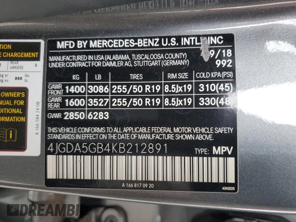 2019 Mercedes-Benz GLE 400 with VIN 4JGDA5GB4KB212891, listed as a Copart auction lot 57131075 with 77,710 mi miles and Salvage title. Bid and sale history available at DreamBid. Image 14.