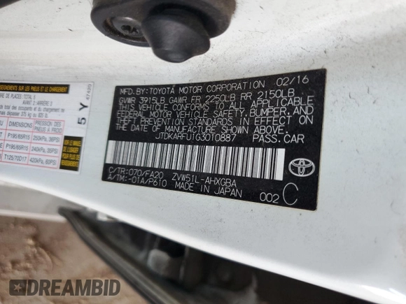 2016 Toyota Prius Four with VIN JTDKARFU1G3010887, listed as a Copart auction lot 53000035 with 215,887 mi miles and Salvage Title. Bid and sale history available at carsss.com. Image 12.