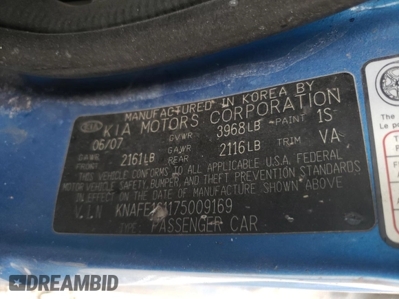 2007 Kia Spectra with VIN KNAFE161175009169, listed as a Copart auction lot 63839804 with 190,088 mi miles and Salvage Title. Bid and sale history available at carsss.com. Image 13.