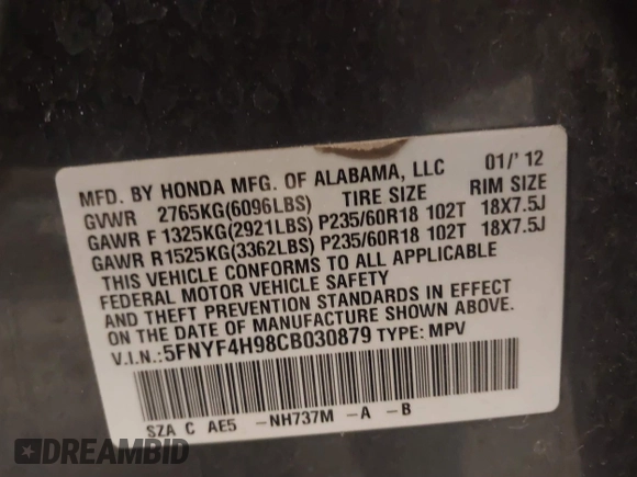 2012 Honda Pilot Touring with VIN 5FNYF4H98CB030879, listed as a IAAI auction lot 41619003 with 201,131 mi miles. Bid and sale history available at carsss.com. Image 9.