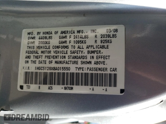 2008 Honda Accord EX-L z VIN 1HGCS128X8A015550, wystawiony jako Copart lot #53903135 z przebiegiem Nie podano mil oraz Szkoda całkowita • Salvage title. Historia ofert i sprzedaży dostępna na DreamBid. Obrazek 12.