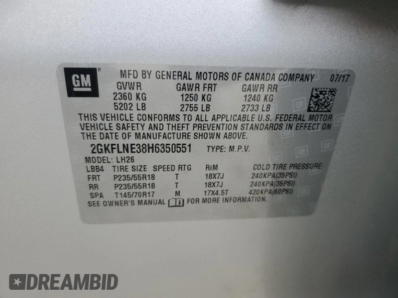 2017 GMC Terrain SLE with VIN 2GKFLNE38H6350551, listed as a Copart auction lot 85871864 with 170,801 mi miles and Salvage Title. Bid and sale history available at carsss.com. Image 13.