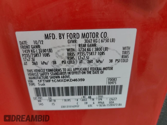 2013 Ford F-150 XL with VIN 1FTMF1CMXDKD46359, listed as a Copart auction lot 50999305 with 176,751 mi miles and Clean Title. Bid and sale history available at carsss.com. Image 12.