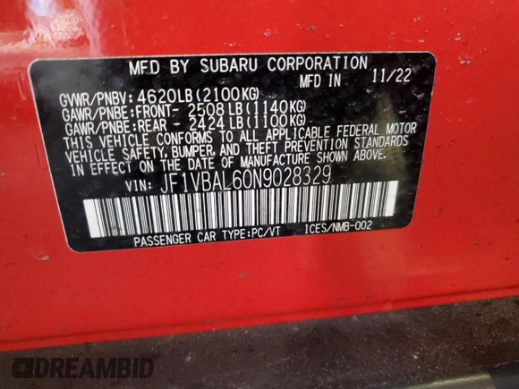 2022 Subaru WRX Limited z VIN JF1VBAL60N9028329, wystawiony jako Copart lot #48053225 z przebiegiem Nie podano mil oraz Szkoda całkowita • Salvage title. Historia ofert i sprzedaży dostępna na DreamBid. Obrazek 12.