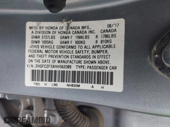 2017 Honda Civic LX with VIN 2HGFC2F5XHH562089, listed as a IAAI auction lot 42010207 with 99,809 mi miles and . Bid and sale history available at DreamBid. Image 9.