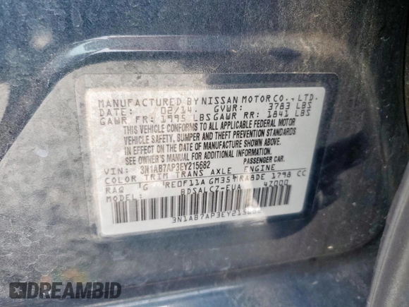 2014 Nissan Sentra SV с VIN 3N1AB7AP3EY215682, выставлен на аукционе Copart как лот 59402715 с пробегом 82 883 миль миль и Списание • Salvage title. История ставок и продаж доступна на DreamBid. Изображение 12.