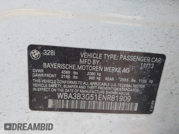 2014 BMW 3 Series 328i xDrive with VIN WBA3B3G51ENR81909, listed as a IAAI auction lot 41990108 with 83,051 mi miles. Bid and sale history available at carsss.com. Image 9.