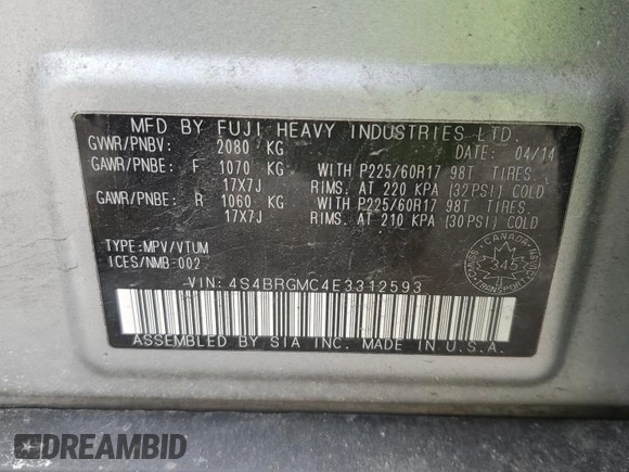 2014 Subaru Outback with VIN 4S4BRGMC4E3312593, listed as a Copart auction lot 42287235 with 234,109 mi miles and Clean title. Bid and sale history available at DreamBid. Image 13.