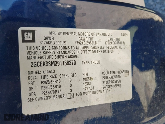 2009 Chevrolet Silverado 1500 with VIN 2GCEK33M391136270, listed as a IAAI auction lot 42149311 with 143,094 mi miles and . Bid and sale history available at DreamBid. Image 9.