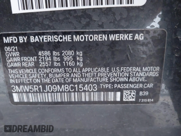 2021 BMW 3 Series 330i with VIN 3MW5R1J09M8C15403, listed as a IAAI auction lot 41892341 with 30,975 mi miles and . Bid and sale history available at carsss.com. Image 9.