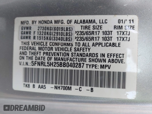 2011 Honda Odyssey LX with VIN 5FNRL5H25BB040287, listed as a IAAI auction lot 42456679 with 129,176 mi miles and . Bid and sale history available at DreamBid. Image 9.