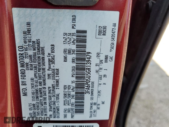2016 Ford Fusion Titanium with VIN 3FA6P0SU5GR139479, listed as a Copart auction lot 55484015 with 148,251 mi miles and Clean title. Bid and sale history available at DreamBid. Image 12.