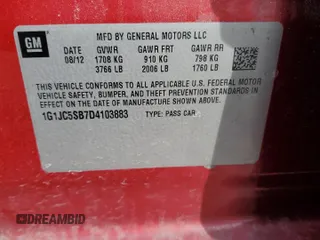 2013 Chevrolet Sonic LT with VIN 1G1JC5SB7D4103883, listed as a Copart auction lot 44175705 with 81,999 mi miles and Salvage Title. Bid and sale history available at DreamBid. Image 12.