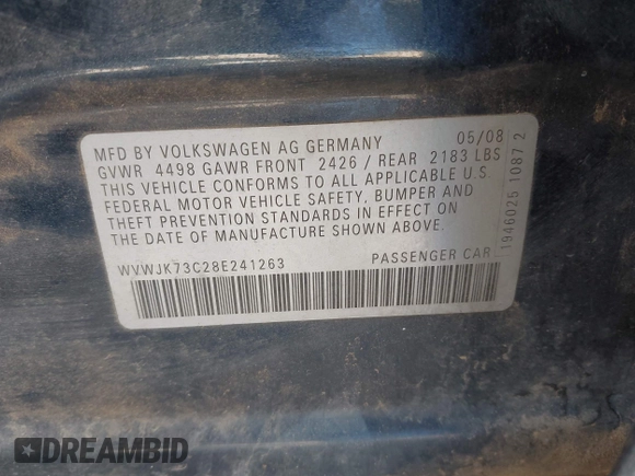 2008 Volkswagen Passat Komfort z VIN WVWJK73C28E241263, wystawiony jako IAAI lot #42021388 z przebiegiem 144 131 mil mil oraz . Historia ofert i sprzedaży dostępna na DreamBid. Obrazek 9.
