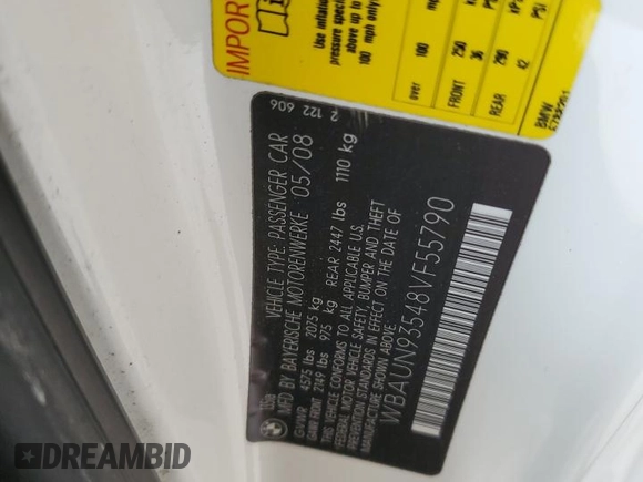 2008 BMW 1 Series 135i with VIN WBAUN93548VF55790, listed as a Copart auction lot 60629345 with 57,087 mi miles and Clean title. Bid and sale history available at DreamBid. Image 12.
