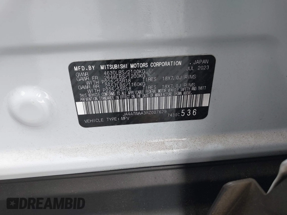2024 Mitsubishi Eclipse Cross SE с VIN JA4ATWAA3RZ007629, выставлен на аукционе IAAI как лот 41247751 с пробегом 29 232 миль миль и . История ставок и продаж доступна на DreamBid. Изображение 9.