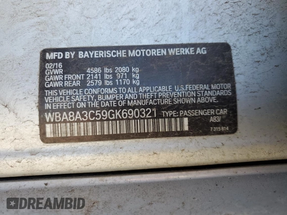 2016 BMW 3 Series 320i xDrive with VIN WBA8A3C59GK690321, listed as a Copart auction lot 88725945 with 83,156 mi miles and Salvage Title. Bid and sale history available at DreamBid. Image 15.